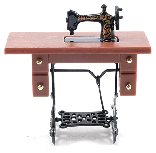 Dollhouse Miniature Sewing Machine on Light Brown Stand, Resin/Metal
